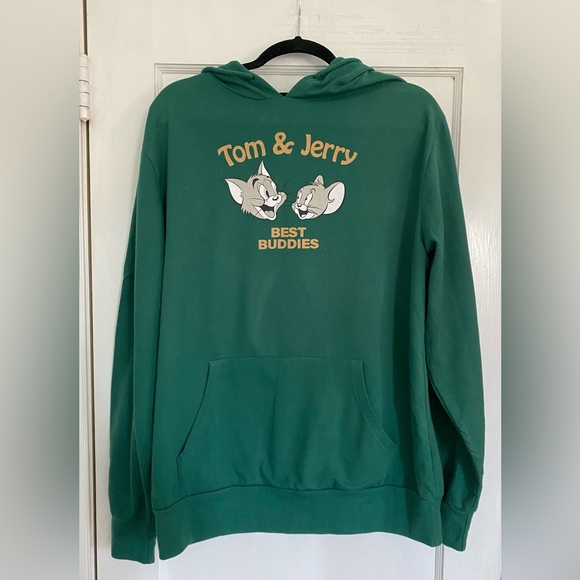 Graphic Print Tom & Jerry Pullover Hoodie Sweatshirt Pouch Pocket Green L - Picture 2 of 12